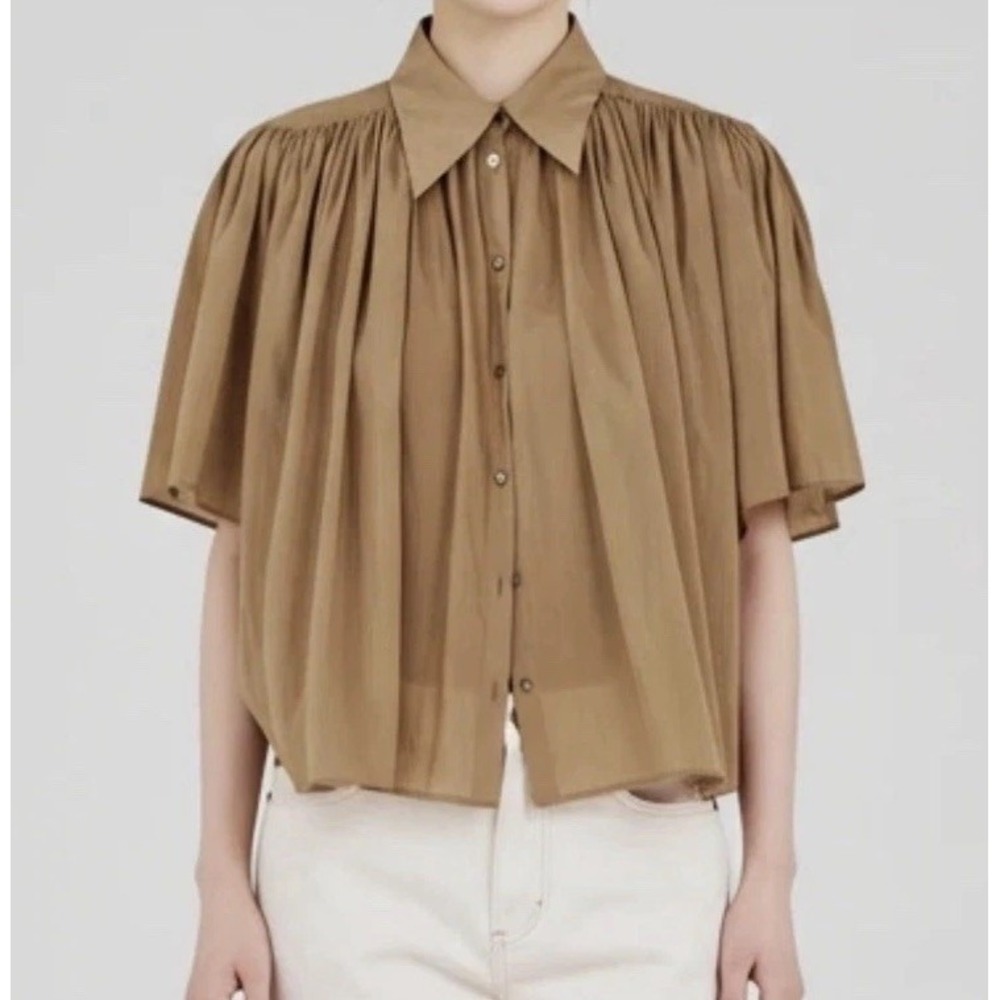 Banana Republic Womens Rosalie Silk Blend Button Flowy Top Whiskey Brown Small